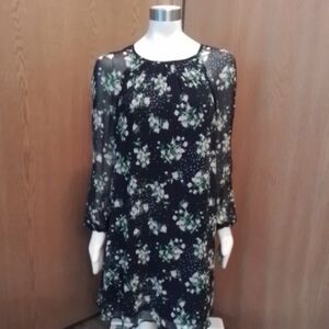Tommy Hilfiger Navy Floral Lined Dress with Sheer Sleeves, Size 10.